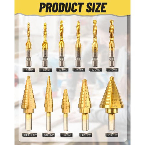 Rocaris 5 Pack Step Drill Bit Set & 6 Pack Tap Bit Set, 4241 Titanium Coated, 50 Sizes of High Speed Steel Step Drills for DIY Lovers Metalworking, Woodworking, Hole Drilling