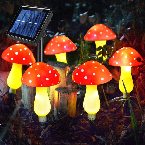 Abkshine New Upgraded Waterproof Solar Mushroom Lights Outdoor Decor, 8 Modes for Garden Pathway Landscape Yard Easter Pathway Halloween Xmas Decorations, Set of 6 Red