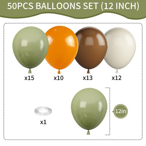Sage Green and Orange Balloons, 12 Inch Green Brown Orange Balloons Olive Green Brown Beige Jungle Safari Wild Woodland Balloon for Birthday Wedding Baby Shower Party Decorations