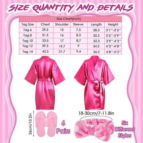 Jecery 18 Pcs Spa Party Supplies for Girls 6 Satin Kimono Robe 6 Spa Headband 6 Disposable Foam Pedicure Slippers (Rose, Size 14)