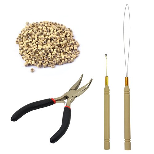 Hair Extensions Tool Kit Black Hair Pliers Pulling Hook Bead Device Tool Kits and 500 Pcs 5 mm Micro Links Rings Beads (Blonde)