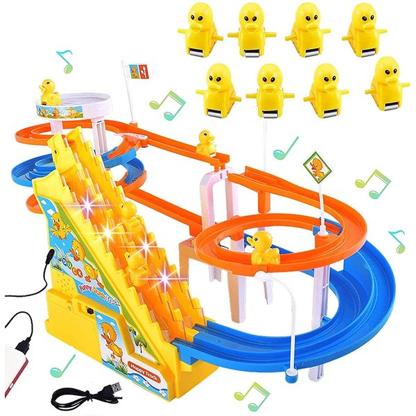Small Ducks Climbing Toys, Electric Ducks Chasing Race Track Game Set, Playful Roller Coaster Toy with 8 Duck LED Flashing Lights & Music Button, Fun Duck Stair Climbing Toy for Toddlers and Kids (C)