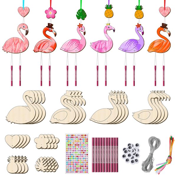 TREACLUB 16 Pack Wind Chime Kits for Kids, Make Your Own Summer Flamingos Wind Chime DIY Coloring Heart Flower Pineapple Wooden Arts and Crafts Birthday Gifts for Girls Boys