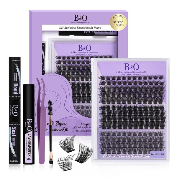 Lash Extension Kit B01+B02+B19 Eyelash Extension Kit B&Q DIY Lash Extension Kit 156 PCS Lash Clusters 8-18mm Cluster Eyelash Extensions Kit with Lash Bond and Seal Lash Applicator Tool (Kit,Andromeda)
