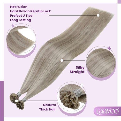 LaaVoo Blonde U Tip Hair Extensions Human Hair Ash Blonde Mixed With Bleach Blonde K Tips Hair Extensions Human Hair Hot Fusion 18Inch Utip Hair Extensions Human Hair 1g/s 50 Stands