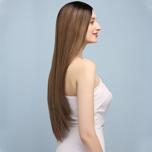 X-TRESS Ombre Brown Straight Hair Synthetic Wigs for Women 28 Inch Long Straight For Halloween Party Wig