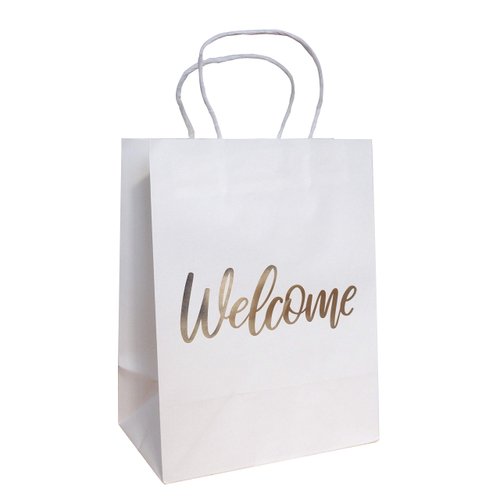 Partay Shenanigans Wedding Welcome Bags - 24 Piece Elegant Wedding Gift Bags With Word ‘’Welcome’’ Embossed In Gold Foil Letters - 4.75" x 8" x 10.25" Inches - White (Pack Of 24)