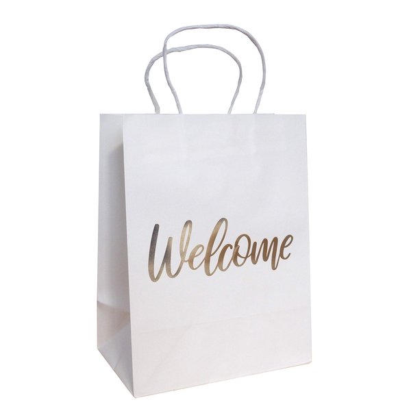 Partay Shenanigans Wedding Welcome Bags - 24 Piece Elegant Wedding Gift Bags With Word ‘’Welcome’’ Embossed In Gold Foil Letters - 4.75" x 8" x 10.25" Inches - White (Pack Of 24)
