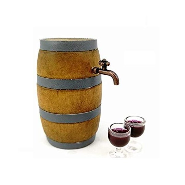 EatingBiting 1:12 Doll Mini House Christmas House Miniature Furniture Beer Barrel Cask Beer Keg Beer Mug 3Pcs Set (1 Beer Barrel & 2 Cup) Photography Props House Ornaments