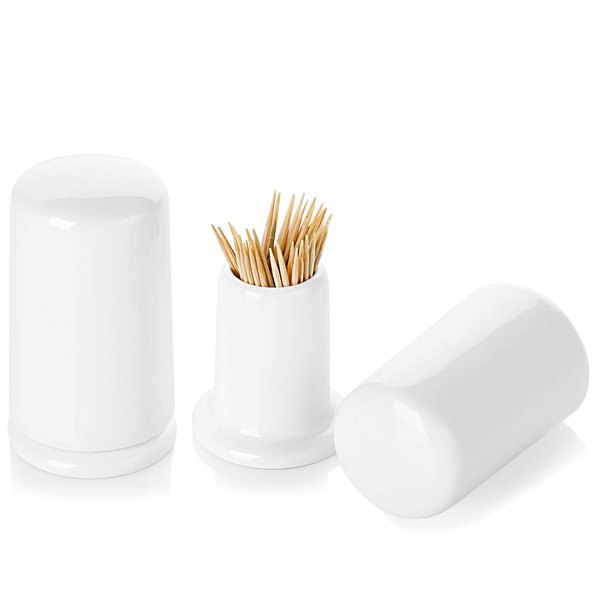 ONTUBE Ceramic Toothpick Holder with Lid,Toothpick Dispenser for Home, Easy To Clean Set of 2, White