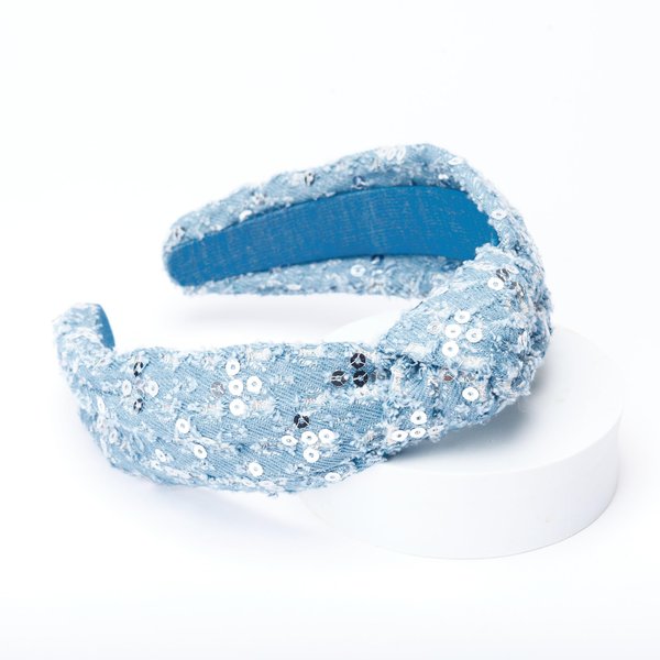 FunCosta Knotted headband for women, hair twist wide headband. Hand-sewed. (Light Denim Lace)