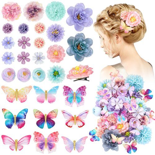 Bencailor 30 Pieces Flower Butterfly Hair Clips Handmade Flower Hair Clips Realistic Flower Hair Accessories Colorful Barrettes for Bride Women Wedding Girls Flower Hair Pins Hairpin (Blue, Purple)
