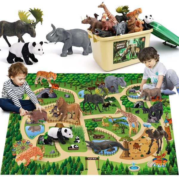 FRUSE Safari Animals Figures Toys w/ 57”x38.5”Jumbo Play Mat,12PCS Realistic Jungle Wild Zoo Animals Figurines Playset with Panda,Lion,Elephant,Educational Learning Toys for Toddlers Kids