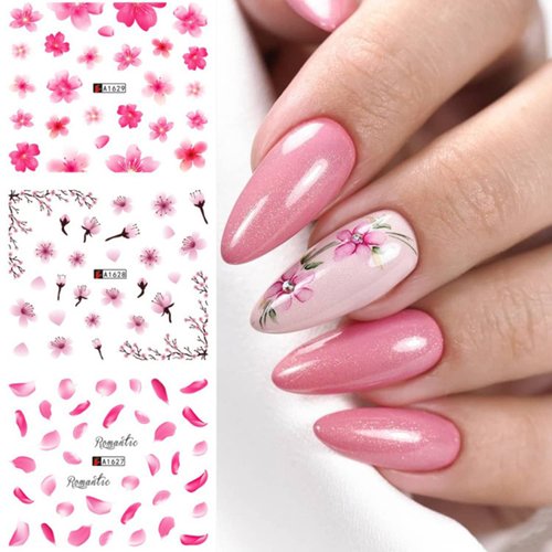 Cherry Blossoms Nail Art Stickers, Holographic Flowers Nail Water Transfer Decals Design, Pink Floral Nail Sticker Acrylic Supplies for Women Manicure Charms Decorations, DIY Resin Nail Decal Tattoo