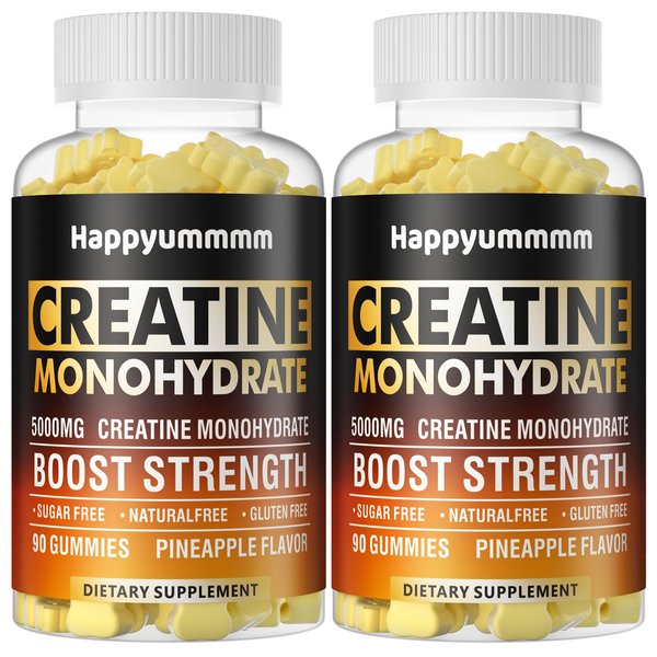 Happyummmm Creatine Monohydrate Gummies 5000mg for Men & Women, Chewables Creatine Monohydrate for Muscle Strength, Muscle Builder, Energy Boost, Pre-Workout Supplement(90 Count)-Pineapple-2pack
