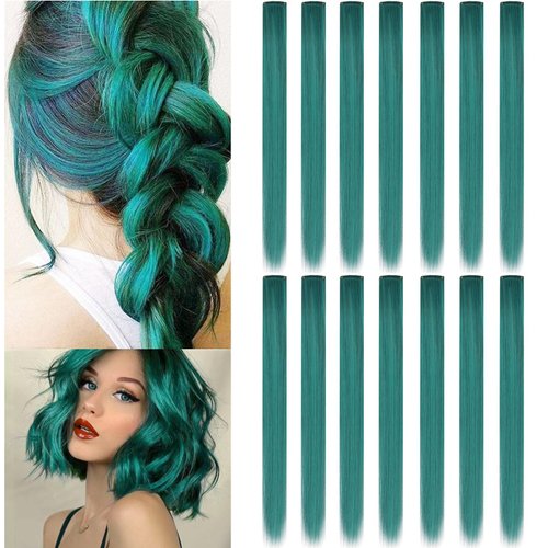 IAMERUI Multi-colors Party Highlights Straight Hair Colorful Clip in Synthetic Hair Extensions in Multiple Colors Heat Resistant Long Hairpiece 14PCS (Dark teal)