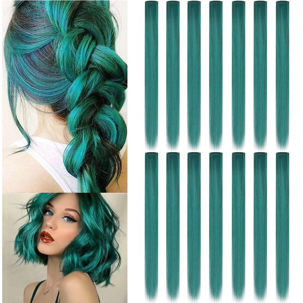IAMERUI Multi-colors Party Highlights Straight Hair Colorful Clip in Synthetic Hair Extensions in Multiple Colors Heat Resistant Long Hairpiece 14PCS (Dark teal)