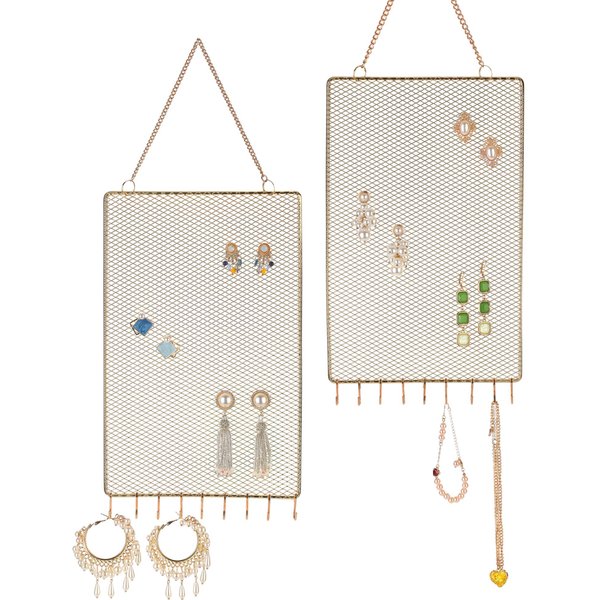 Heesch 2 Pack Earring Holder Wall Mounted Hanging Jewelry Organizer Display Decorative Metal Diamond Shape with Hooks for Necklaces Bracelets (Gold)