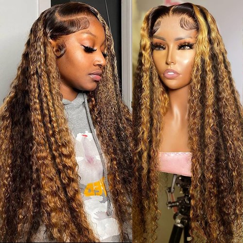 250 Density 1b27 Highlight Ultra-thin HD Lace Front Wigs Human Hair Upgraded Tiny Knots 28inch Ombre Deep Wave Frontal Wig Pre Plucked 13x4 Black with Blonde Curly Wigs for Women Colored