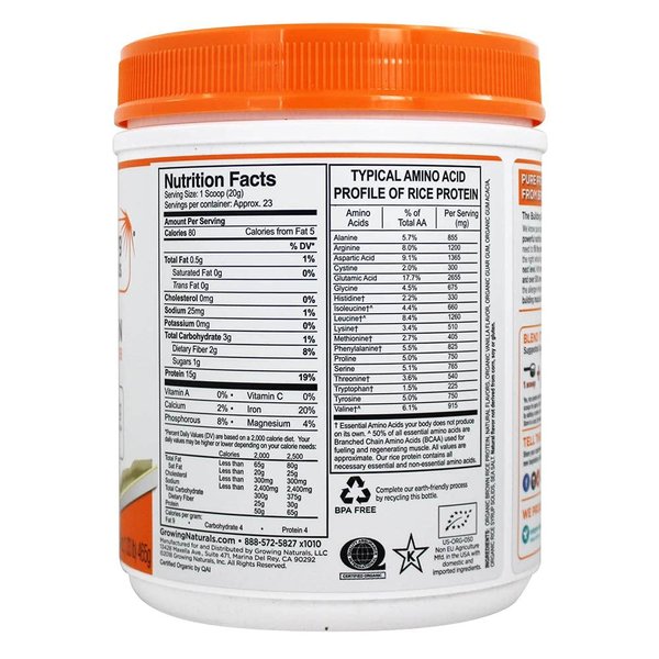 Growing Naturals: Organic Rice Protein Vanilla Power, 16.8 oz