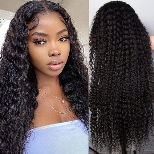 ObeyHeart Deep Wave Middle Part HD Transparent Lace Front Wigs Human Hair Natural Black Color 180% Density Brazilian Human Hair Wigs for Black Women Curly Lace Front Wig Human Hair(18 Inch)