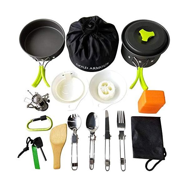 Gold Armour Camping Cookware Mess Kit 17 Pieces Set - Camping Accessories Essentials Kit, Great Camping Gear and Backpacking Gear (Green)