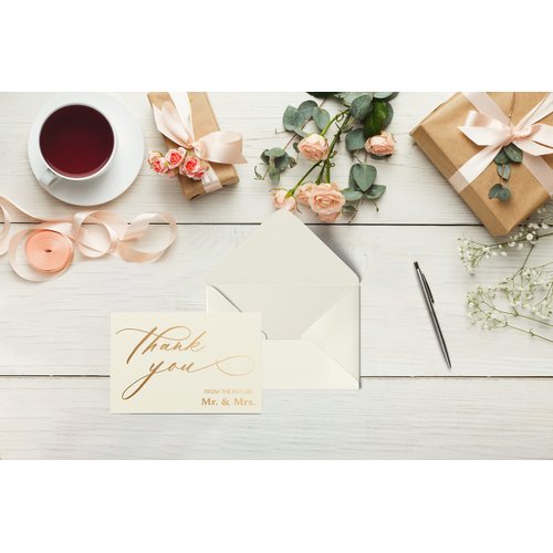 Better Office Products 50 Pack Wedding Engagement Thank You Cards in Metallic Gold with Envelopes, 4 x 6 Inch, Wedding Shower Thank You From The Future Mr and Mrs, Blank Cards, 50 Count Boxed Set