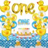 Glimin 44 Pcs Duck 1st Birthday Decorations Yellow Duck Balloon Rubber Duck Latex Balloon Animal Foil Balloon One Birthday Cake Topper Duck Party Tablecloths Duck Party Decor for Boys Girls(Fresh)