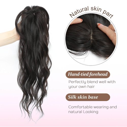 Fine Plus Clip in Bangs 360° Cover Mini Hair Topper Curly Bangs Hair Clip Fake Bangs Synthetic Wavy Hair Toppers for Women French Clip in Hair Extensions for Daily Wear(Brown Black)