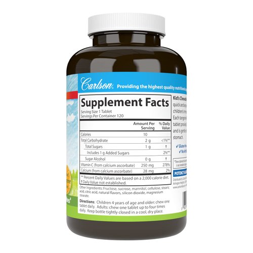 Carlson - Kid's Chewable Vitamin C, 250 mg, 1 g of Sugars, Immune Support & Optimal Wellness, Antioxidant, Tangerine, 120 Vegetarian Tablets