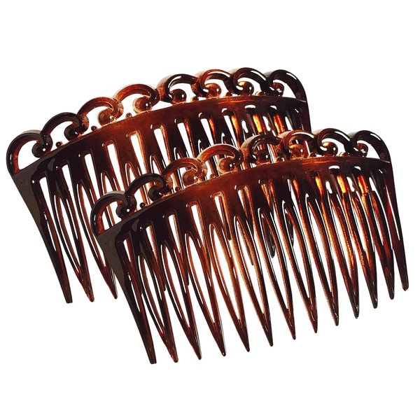 Parcelona French Swirl Set of 2 Celluloid Acetate Brown Tortoise Shell Side Hair Combs