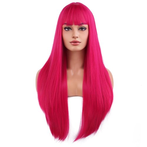 MAGQOO Hot Pink Wig with Bang Magenta Wig Long Straight Rose Red Wigs for Women Girls Heat Resistant Hight Density Synthetic Wigs (Hot Pink)