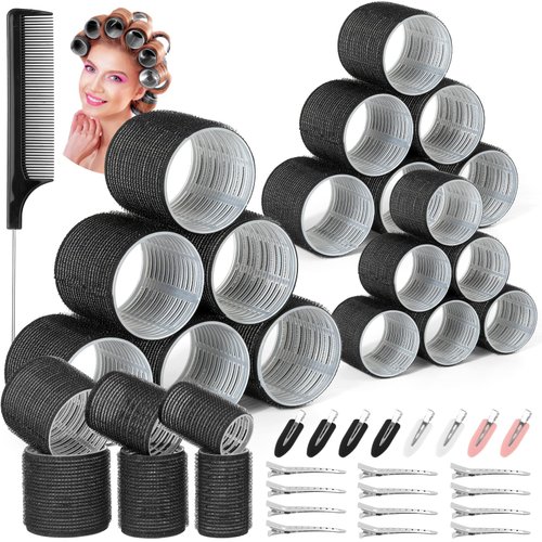 Qinzave 39PCS Self Grip Curlers 3 Sizes - Black 2.5in, 1.9in, 1.4in Rollers with Duckbill Clips for Long, Medium, Short, Thick, Fine Hair Volume and Bangs