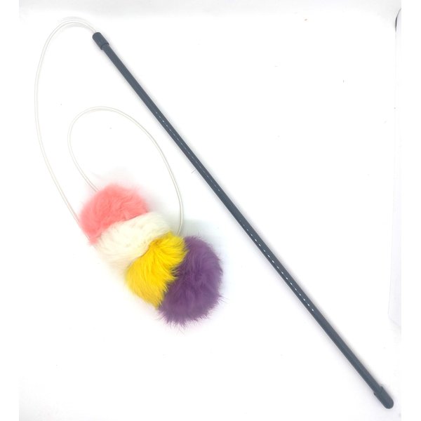 Kats'N Us Rabbit Fur Pom Pom Cat Teaser Wand - Light Pink, White, Yellow, Purple