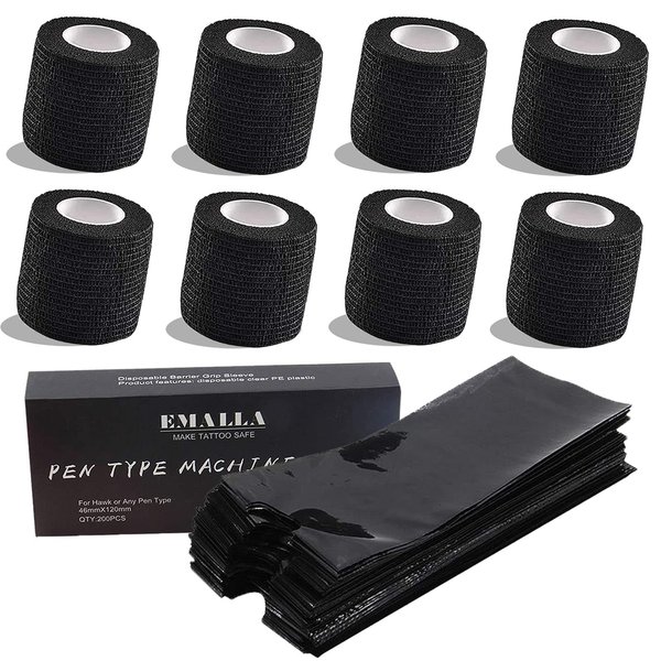 Tattoo Pen Covers with Tattoo Grip Tape Wrap Covers - TONBAO 200PCS Plastic Machine Pen Sleeves with 8pcs 2" x 5 Yards Tattoo Grip Tape Tattoo Machine Covers