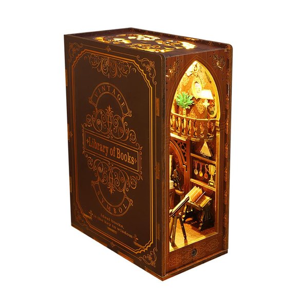 Book Nook Miniature Kit DIY Wooden Dollhouse 3D Wooden Puzzle Bookend Library for Bookshelf Decor Crafts for Adults Building Model Kit with Sensor Light