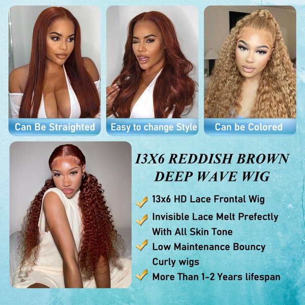 xinshow Reddish Brown Lace Front Wigs Human Hair Deep Wave Pre Plucked 13x6 Curly Lace Front Human Hair Wigs for Black Women 180% Density Glueless Wigs HD Lace Frontal Wig 12 Inch