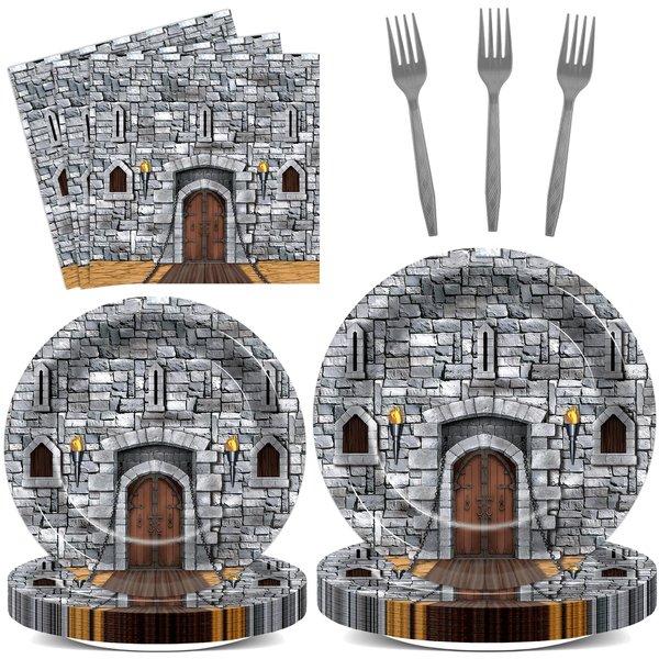 96PCS Medieval Party Plates and Napkin Castle Party Decorations Castle Knight Birthday Party Dessert Plates Medieval Themed Tableware Set for 24 Guests Kids Birthday Baby Shower Party Supplies
