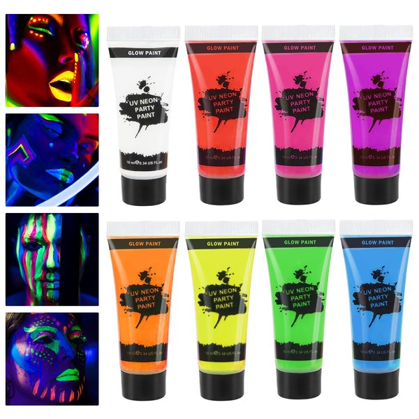 QIUFSSE Glow in the Dark Face Paint and Body Paint Set,8 Tubes Neon Face Paint and Body Paint for Skin,UV Blacklight Paint for Kids Adults Neon Party Music Festivals Halloween Makeup