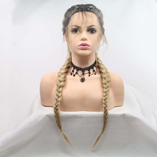 melody wig Synthetic Blonde Lace Front Braid Wigs Ombre Blonde Double Braid With Dark Roots Heat Resistant Fiber Braid Baby Hair Wigs Add Human Weaving … …