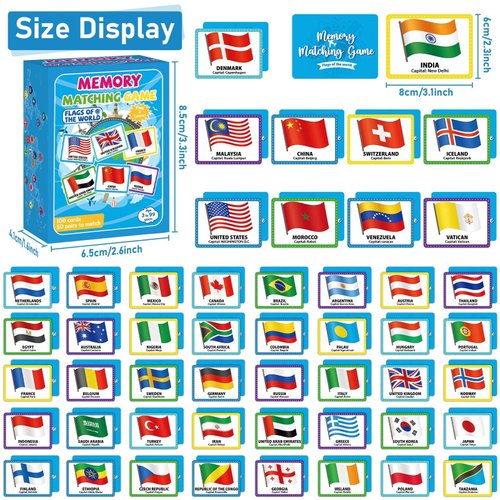 gisgfim 50 Pairs Memory Matching Game Flags of The World Concentration Memory Matching Games for Kids and Adults Learning Educational A Fun & Fast Countries of The World Memory Matching Games