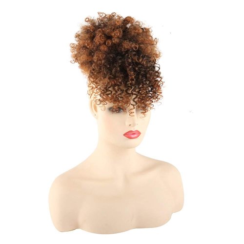 Aisaide Afro Puff Drawstring Ponytail for Black Women Short Afro Kinky Curly Ponytail Extension Bun with Bangs Clip in Hair Extensions Pineapple Synthetic Brown Ponytail with Two Clips(1B/30)