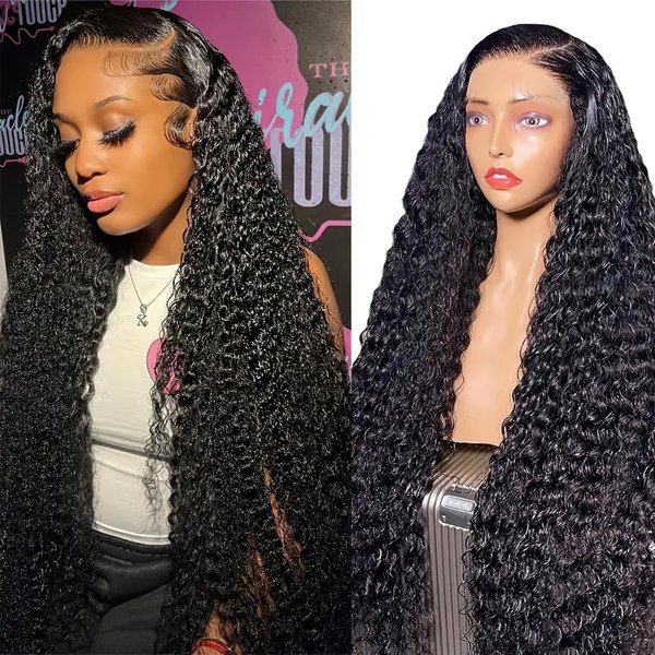 AUOCATTAIL Deep Wave Lace Front Wigs 28 Inch 13x4 HD Transparent Lace Frontal Wig Curly Hair 180% Density Pre Plucked with Baby Hair Free Part Deep Curly Synthetic Wigs for Women Girls