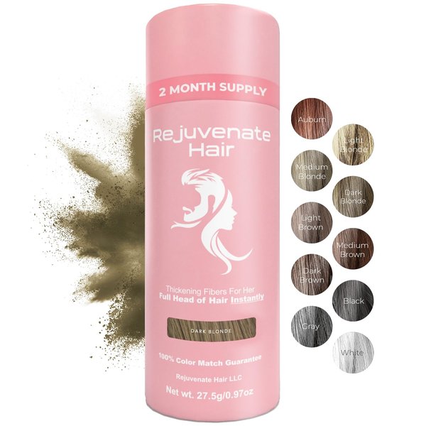 REJUVENATE Hair Fibers for Thinning Hair (Dark Blonde), Undetectable Hair Powder for Women & 100% Natural Hair Building Fibers - Conceals Hair Loss - Bald Spot Cover Up Hair Powder, 2 Month Supply