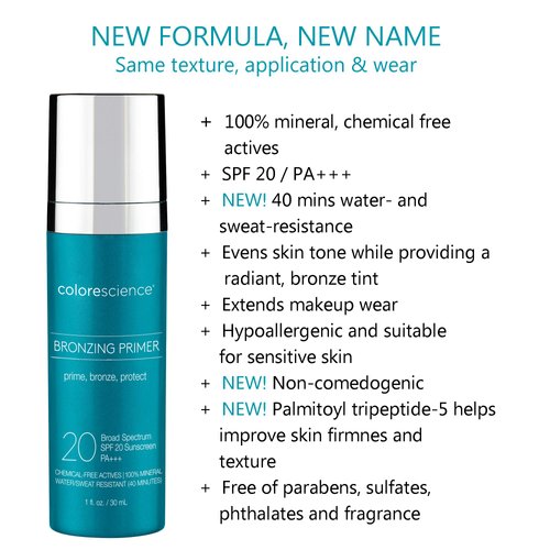 Colorescience Bronzing Primer SPF 20, Water Resistant Mineral Sunscreen, Broad Spectrum SPF 20 UVA/UVB Skin Protection, 1 Fl Oz (Pack of 1)