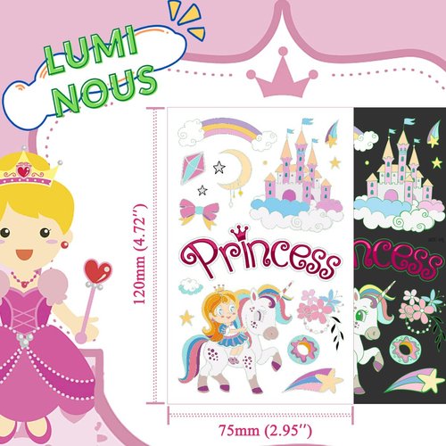 VIWIEU Kids Princess Temporary Tattoos Bulk Glow in the Dark 15 Sheets, Girls Luminous Birthday Party Favor Gift, Children Body Decorations Piñata Fillers - Castle, Princess, Butterfly, Dress Tattoos