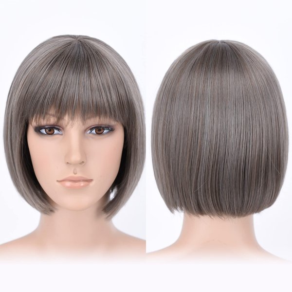 HSPJHTM Grey Bob Wigs,10" Short Bob Wigs with Bangs, Straight Bob Wigs for Women, Synthetic Short Bob Wigs Heat Resistant Fiber Wigs for Daily Party Cosplay (Free Wig Cap)