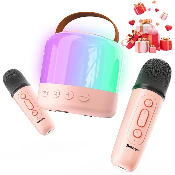 Mini Karaoke Machine with 2 Wireless Microphones for 5 Years Old Kids, Rechargeable Portable Bluetooth Karaoke Singing Speaker with Voice Changing, RGB Light, for Birthday, Family, Home Party Gift