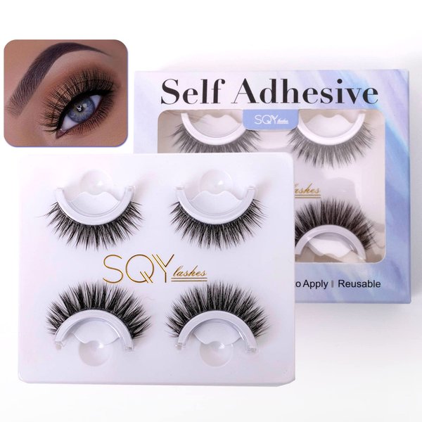 SQYlashes Glueless Lashes, Adhesive Lashes no Glue, Stick on Lashes, Self Adhesive Eyelashes Natural Look, Reusable and Waterproof (Black Color, 2 Pairs)