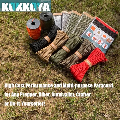 KOKKOYA 4-in-1 Survival Paracord 550 Paracord 550 Fire Cord Paracord 10 Strand, 5/32" Diameter U.S. Military Type III 550 Parachute Cord with Integrated Fishing Line, Fire-Starter Tinder